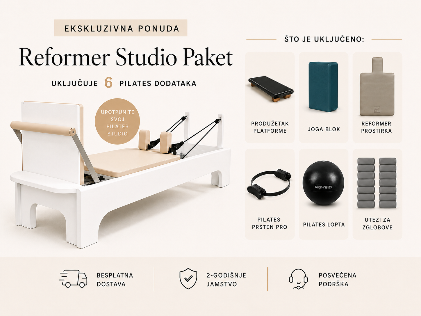 Pilates reformer s dodatnom opremom za studio i kućni trening, paket s 6 pilates rekvizita za učinkovitije vježbanje