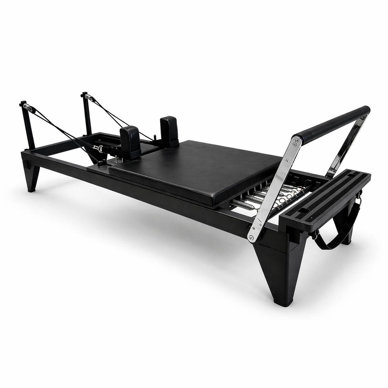 Bodylumina Premium čelični crni pilates reformer s tapeciranom kliznom platformom, naslonima za ramena, podesivim trakama, oprugama i footbar osloncem, profesionalna pilates sprava za reformer trening, jačanje core mišića, istezanje, stabilnost i oblikovanje tijela kod kuće ili u studiju.